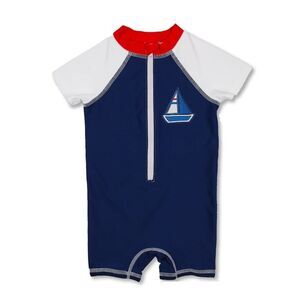 NWT* Floatimini Boys Sailboat Short Sleeve Half Zip One Piece Swim Sunsuit 12M